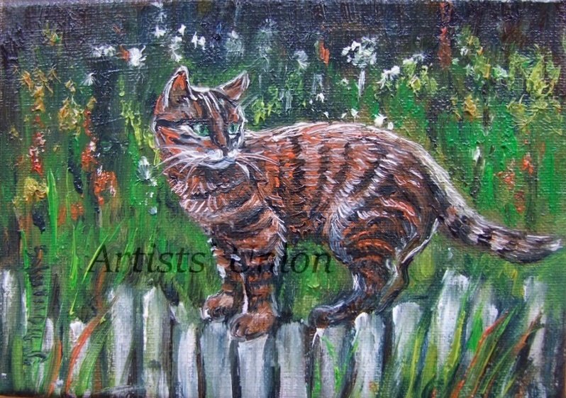 Cat Original Oil Painting Kitty Impasto Animal Art Palette Knife Garden Flowers Linen