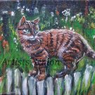 Cat Original Oil Painting Kitty Impasto Animal Art Palette Knife Garden Flowers Linen