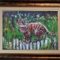 Cat Original Oil Painting Kitty Impasto Animal Art Palette Knife Garden Flowers Linen