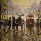 Cityscape Rain Original Oil Painting Old Town Walking People Figurative Art Red Tram Umbrella Cab