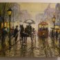 Cityscape Rain Original Oil Painting Old Town Walking People Figurative Art Red Tram Umbrella Cab