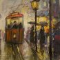 Cityscape Rain Original Oil Painting Old Town Walking People Figurative Art Red Tram Umbrella Cab
