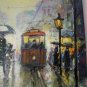 Cityscape Rain Original Oil Painting Old Town Walking People Figurative Art Red Tram Umbrella Cab