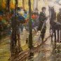Cityscape Rain Original Oil Painting Old Town Walking People Figurative Art Red Tram Umbrella Cab