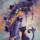Woman Cat Butterfly Original Oil Painting Palette Knife Flowers Figurative Art Fantasy Textured
