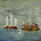 Fishing Boats Original Oil Painting Seascape Contemporary Impasto Modern Palette Knife Large Square