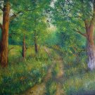 Landscape Original Oil Painting Forest Field Road Trees Meadow Green Textured Art