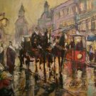 Cityscape Old Town Original Oil Painting Carriage Walking People Figurative Art Horse Red Tram