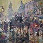 Cityscape Old Town Original Oil Painting Carriage Walking People Figurative Art Horse Red Tram