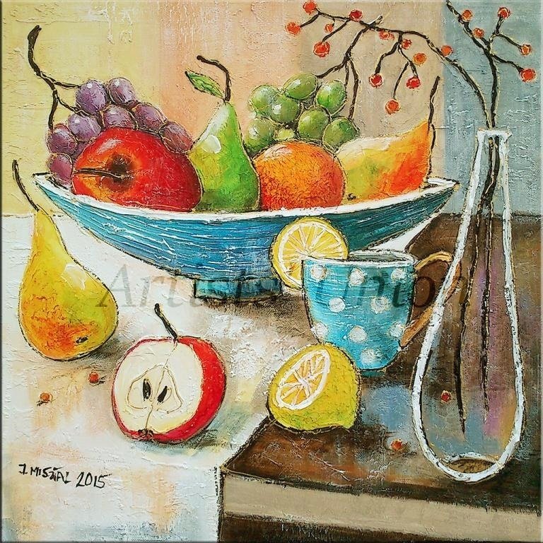 Modern Still Life Original Oil Painting Red Apple Grapes Fruits Lemon Pear Glass Bottle