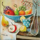 Modern Still Life Original Oil Painting Red Apple Grapes Fruits Lemon Pear Glass Bottle