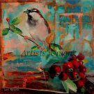 Autumn Sparrow Original Oil Painting Contemporary Bird Art Red Rose Fruits Modern Big