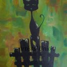 Black Cat Original Oil & Acrylic Painting by P. Piskorz Modern Animal Art Abstract Green