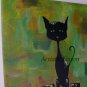 Black Cat Original Oil & Acrylic Painting by P. Piskorz Modern Animal Art Abstract Green