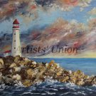 Lighthouse Original Oil Painting Seascape Impasto Palette Knife Shore Rocks Seaside Storm Clouds