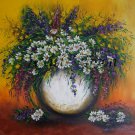 Still Life Purple Flowers Original Oil Painting White Daisies Impasto Palette Knife