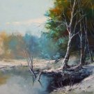 Winter Lake Original Oil Painting Landscape Forest Trees Palette Knife Art Blue