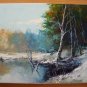 Winter Lake Original Oil Painting Landscape Forest Trees Palette Knife Art Blue