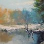 Winter Lake Original Oil Painting Landscape Forest Trees Palette Knife Art Blue