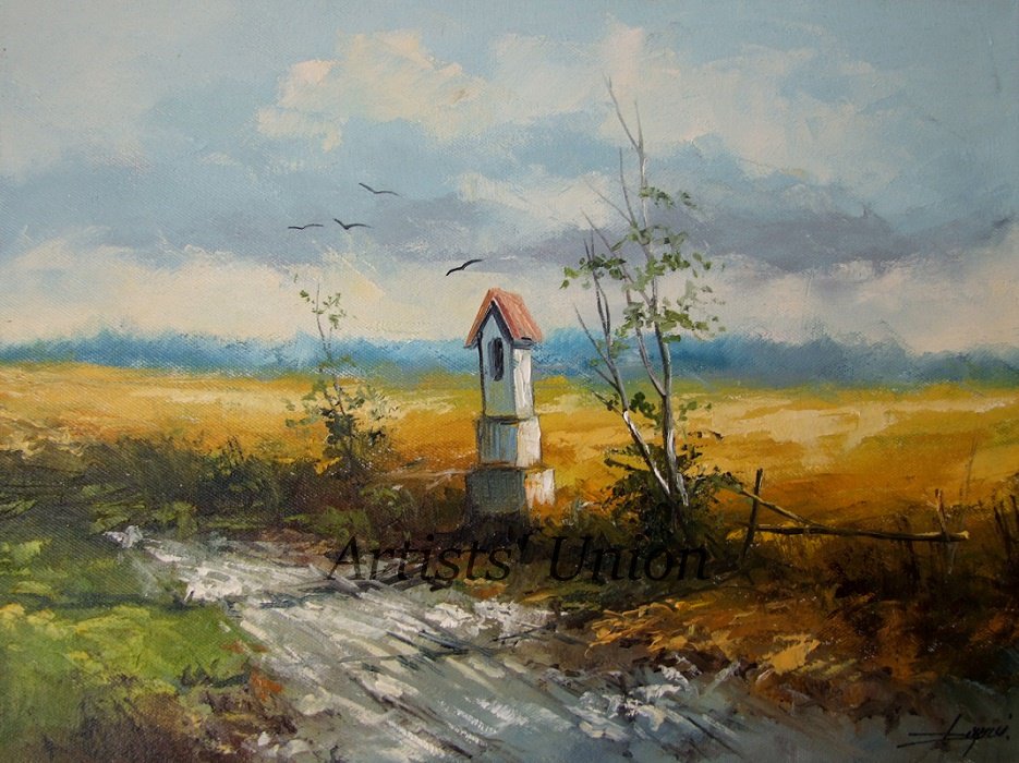 Summer Original Oil Painting Chapel Landscape Fields Road Small Shrine Palette Knife Art Countryside