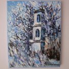Winter Chapel Original Oil Painting Landscape Tree Small Shrine Blue Fine Art Palette Knife Textured