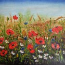 Summer Meadow Original Oil Painting Red Poppies Landscape Palette Knife Impasto Wild Flowers