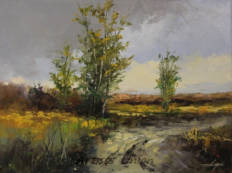 Landscape Original Oil Painting Fields Trees Road Palette Knife Art Countryside Laputz Sky Storm