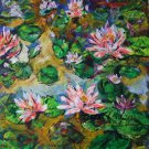 Water Lilies Original Oil Painting Pond Pink Flowers Impressionism Palette Knife Art Square