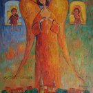 Angels Original Oil Painting Portrait Figurative Art Cityscape Religion Violin Textured Art Orange