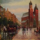 Cityscape Original Oil Painting Cracow Walking People Rain Figurative Fine Art Horse Hansom Cab