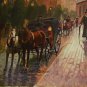 Cityscape Original Oil Painting Cracow Walking People Rain Figurative Fine Art Horse Hansom Cab