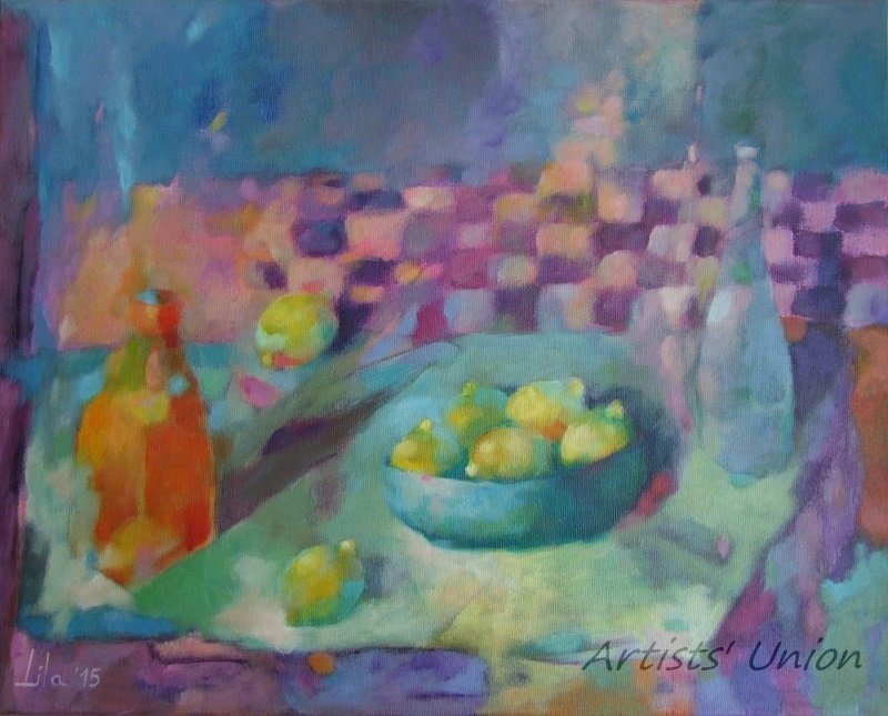 Still Life Lemons Original Oil Painting Colorful Fine Art Bottles Bowl Blue Purple Orange