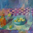 Still Life Lemons Original Oil Painting Colorful Fine Art Bottles Bowl Blue Purple Orange