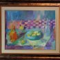 Still Life Lemons Original Oil Painting Colorful Fine Art Bottles Bowl Blue Purple Orange
