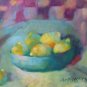 Still Life Lemons Original Oil Painting Colorful Fine Art Bottles Bowl Blue Purple Orange