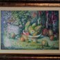 Still Life Original Oil Painting Fine Art Flowers Fruits Pomegranate Apple Wine Bottles Bowl Vase