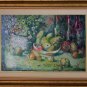 Still Life Original Oil Painting Fine Art Flowers Fruits Pomegranate Apple Wine Bottles Bowl Vase