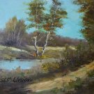 Autumn Original Oil Painting Landscape Lake Birch Trees Palette Knife Art Fall Fields Road