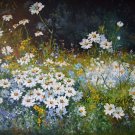 White Daisies Meadow Original Oil Painting Palette Knife Impressionism Impasto Wild Flower Landscape