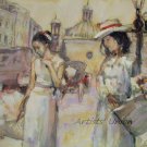 Cityscape Women Original Oil Painting Old Town Figurative Art Cabs Umbrella Palette Knife Sun Hat