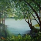 Lake Original Oil Painting Landscape Forest Trees Spring Palette Knife Fine Art Green