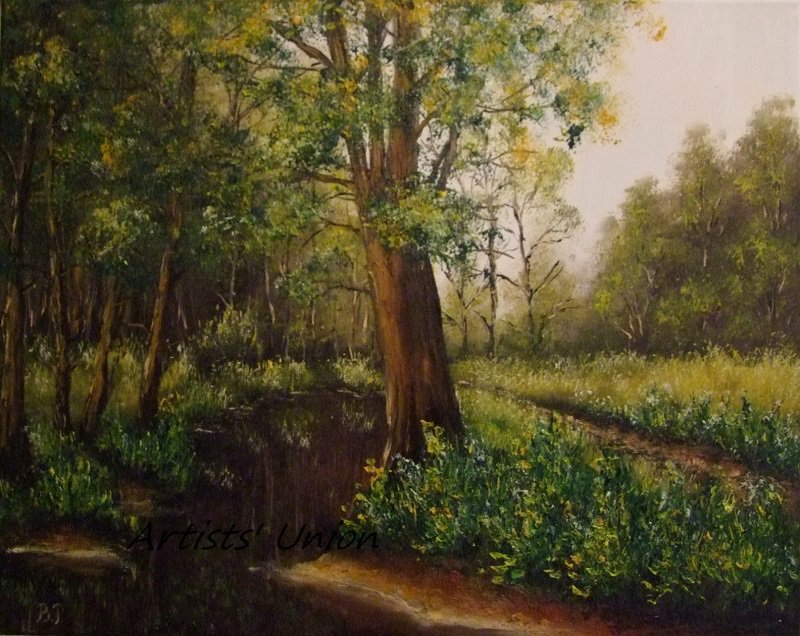 Forest Stream Original Oil Painting Landscape Trees Spring River Palette Knife Fine Art