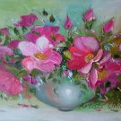 Pink Roses Original Oil Painting Impasto Still Life Palette Knife Art Wild Flowers