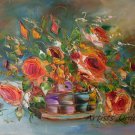 Roses Original Oil Painting Still Life Impasto Orange Flowers Bouquet Palette Knife Fine Art