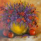 Still Life Original Oil Painting Purple Orange Wild Flowers Fruits Impasto Palette Knife Fine Art