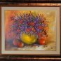 Still Life Original Oil Painting Purple Orange Wild Flowers Fruits Impasto Palette Knife Fine Art