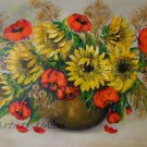 Sunflowers Original Oil Painting Red Poppies Impasto Still Life Palette Knife Textured Fine Art