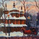 Horse Carriage Original Oil Painting Cityscape old wooden Church Park Forest Town Lamps Fine Art