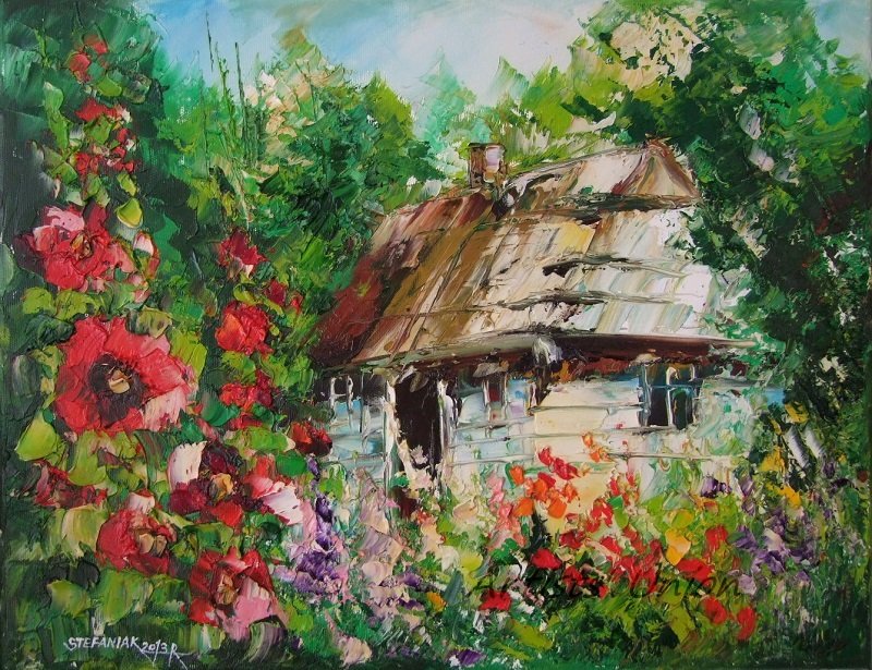 Cottage Mallows Garden Original Oil Painting Landscape Flowers Tree Impasto Art Malva