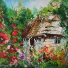 Cottage Mallows Garden Original Oil Painting Landscape Flowers Tree Impasto Art Malva